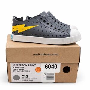 Native Jefferson Kids Slip-On Water Shoes Dublin Grey Groovy Lightning Bolt C13